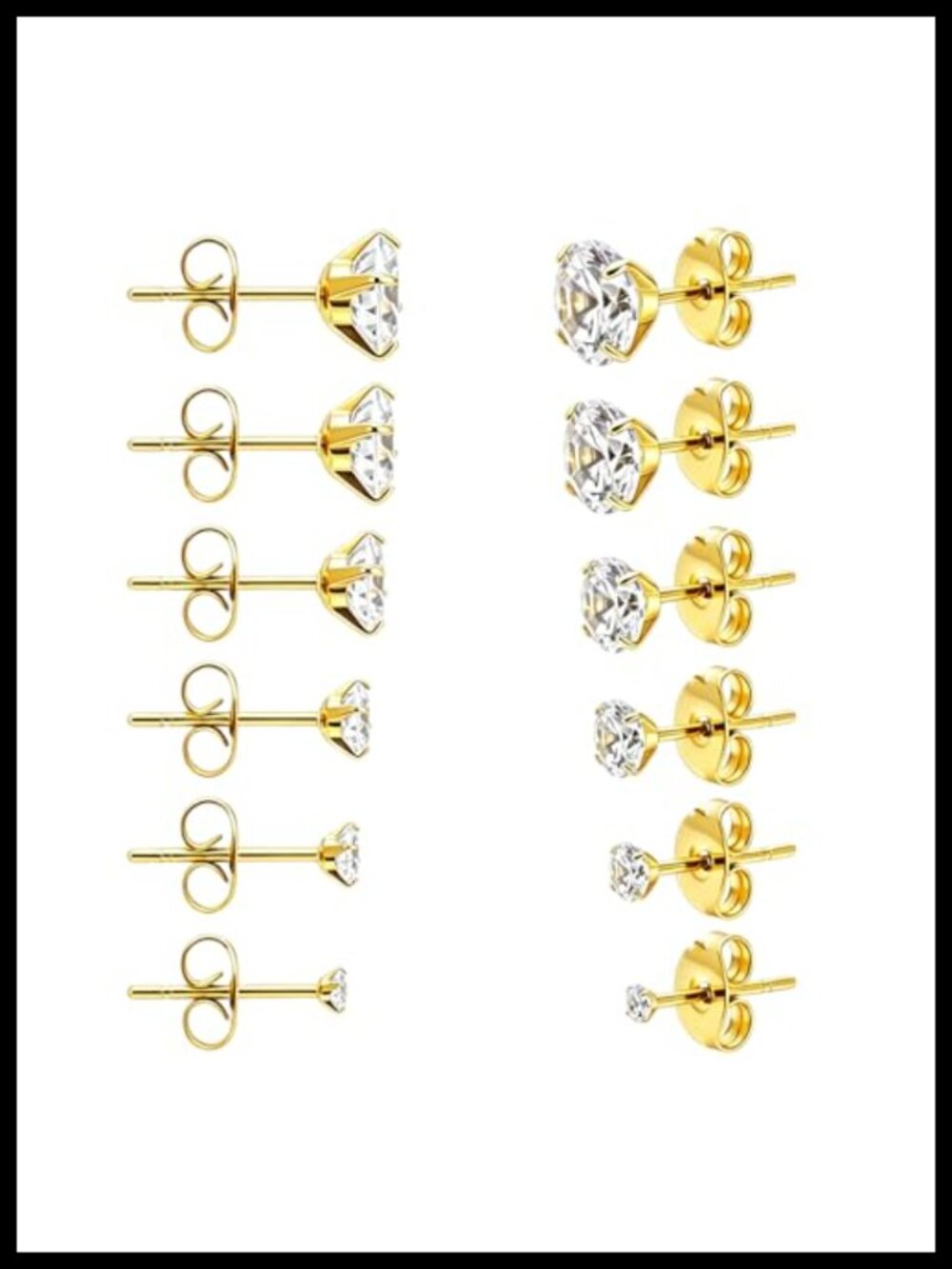 6 Pairs 14K Gold Plated 316L Surgical Steel Stud Earrings Set Cubic Zirconia